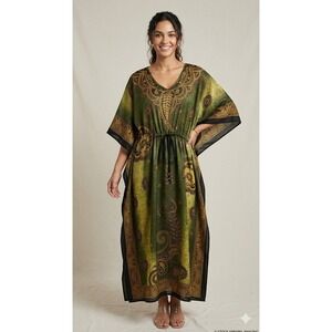 NF Green African Print Kaftan Dress with Drawstring Waist One Size Women